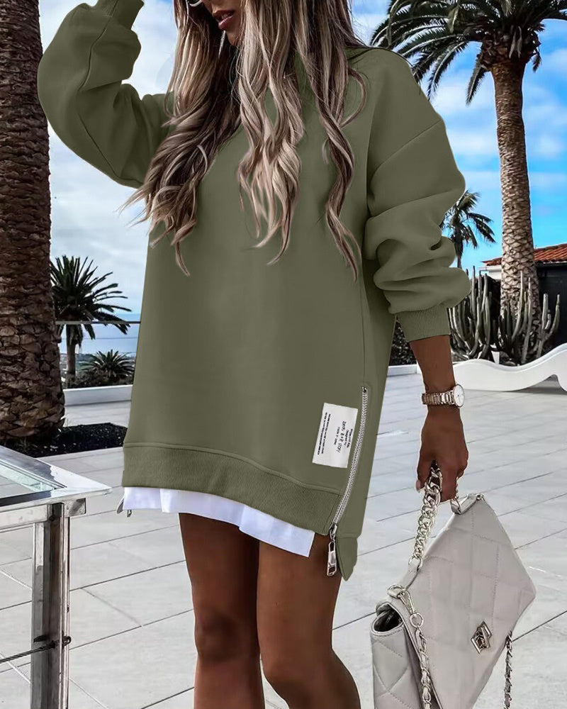 Casual Long Sleeve Zipper Slit Oversized Sweatshirt