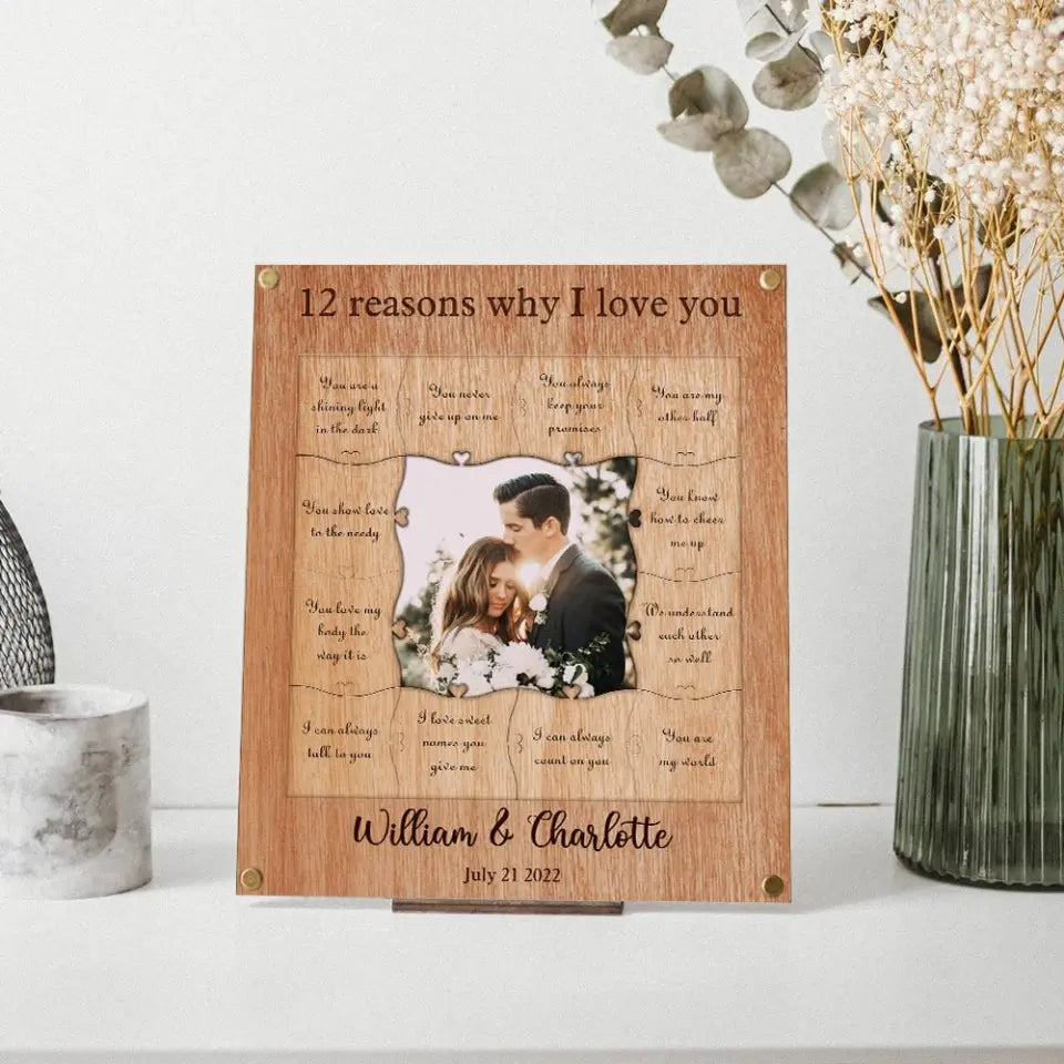 12 Reasons Why I Love You - Personalized Wooden Puzzle Piece Collage Frame, Birthday Gift for Her, Anniversary Gift