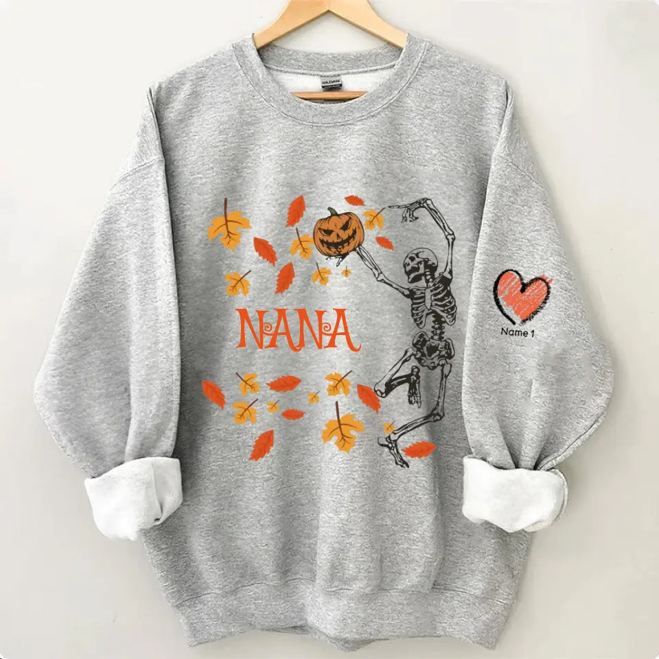 Personalized Grandma Dancing Skeleton With Grandkids Halloween Sweatshirt