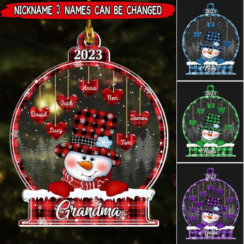 Sparkling Christmas Snowman Papa Nana Dad Mom Heart Kids In Snowball Personalized Ornament