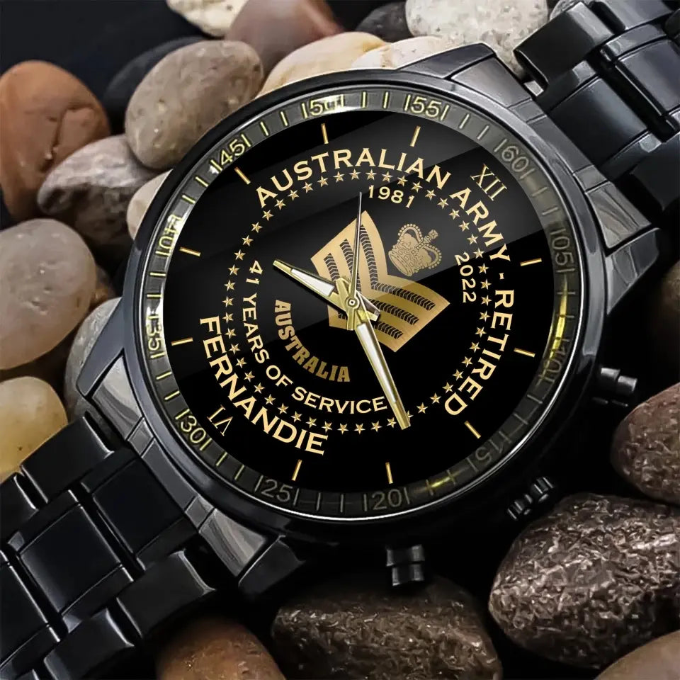 Personalized Australian Army Retired Rank Camo Custom Name & Served Time Watch Printed
