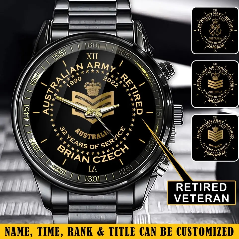 Personalized Australian Army Retired Rank Camo Custom Name & Served Time Watch Printed