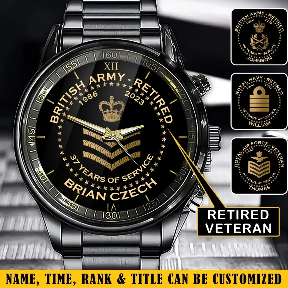Personalized British Army Retired Custom Served Time & Name Watch Printed
