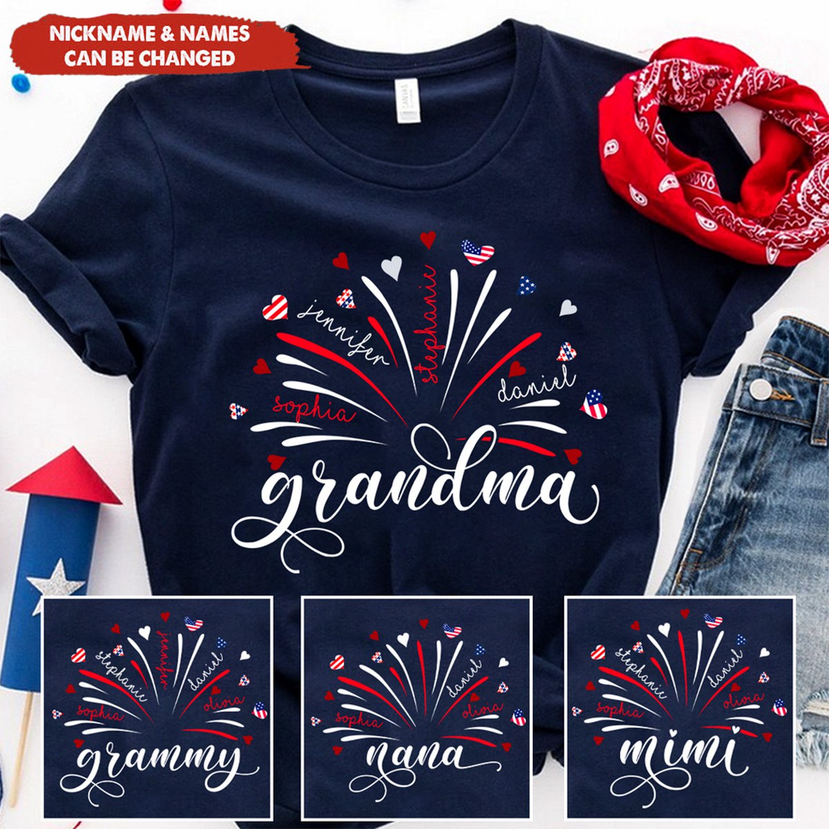 Firework America Flag Grandma And Kids Shirt, Independence Day Gift