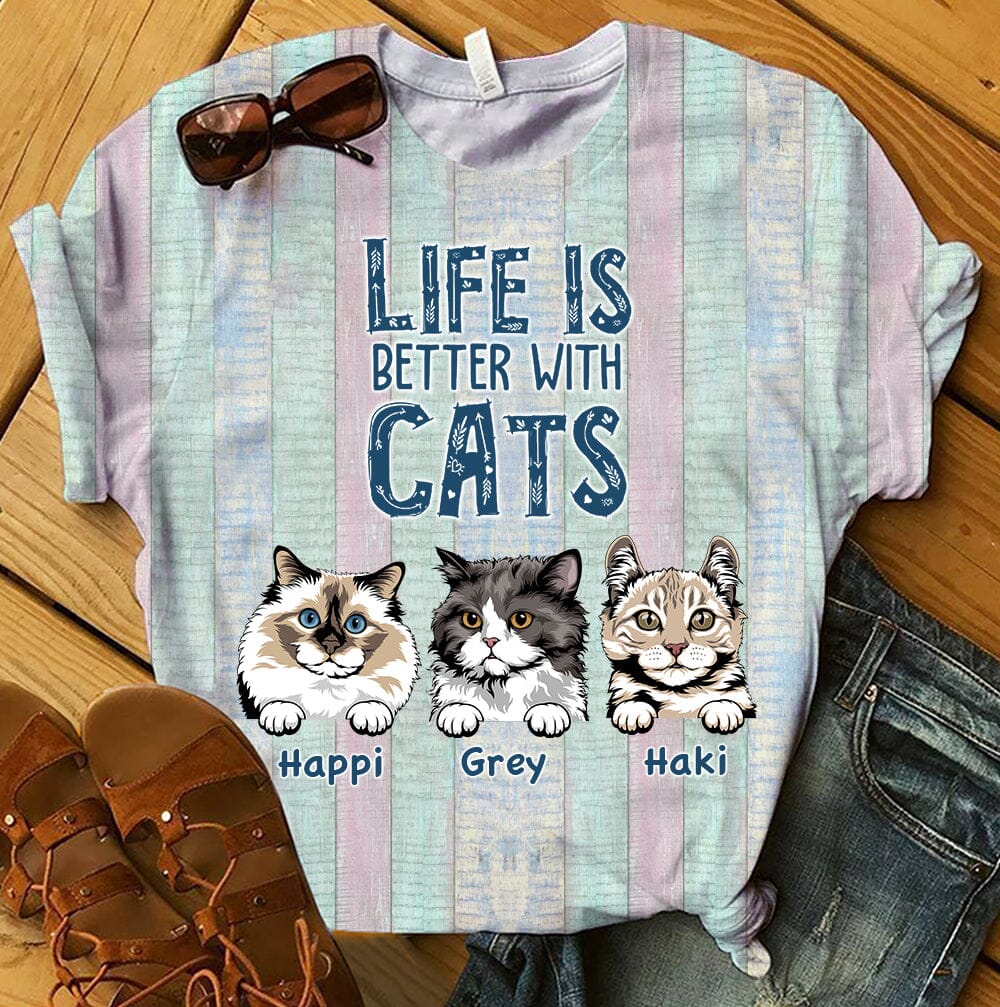 Life is better with cats Personalized 3D T-shirt Gift for Cat Lovers