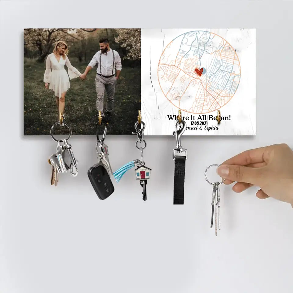 When It Began With Map - Personalized Wooden Key Holder Hanger - Best Gifts for Her Him Dad Mom Family