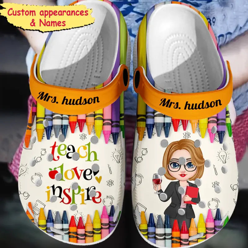 Colorful Crayon Teach Love Inspire Cute Pretty Doll Teacher Personalized Crocs Clog