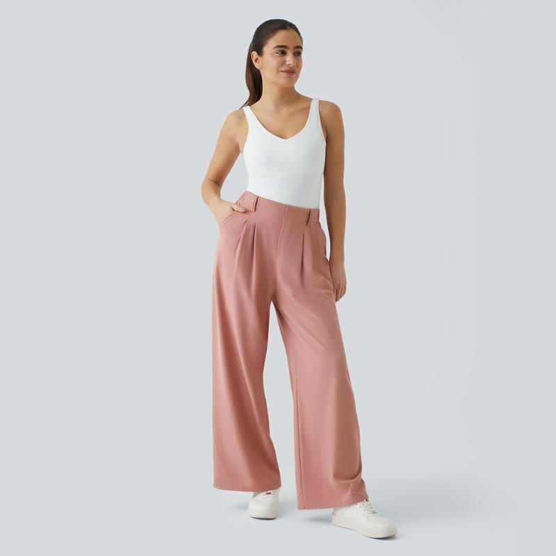 High Waisted Plicated Side Pocket Wide Leg Waffle Work Pants