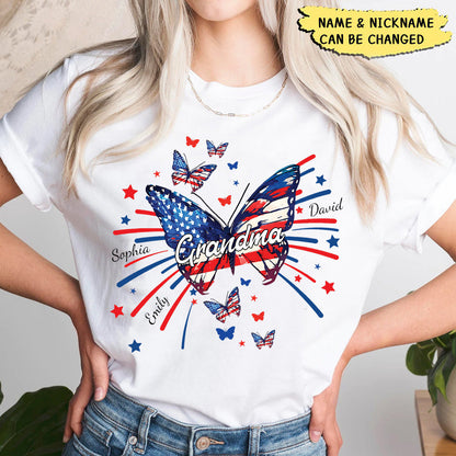 Grandma Butterfly Flag Star And Grandkids 4th of july Personalized Shirt