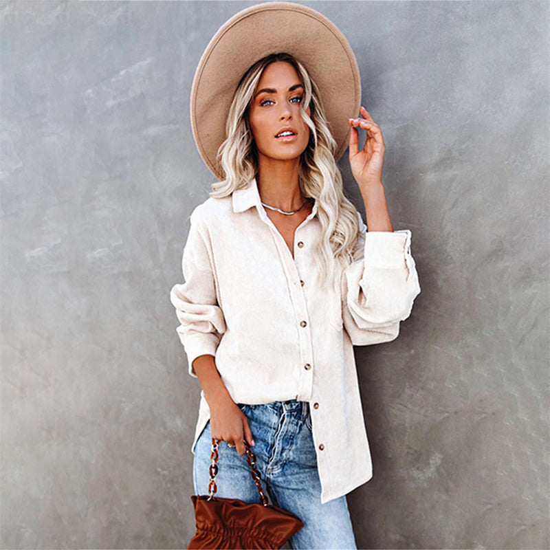 Women's Plain Pocket Button Front Corduroy Shirt