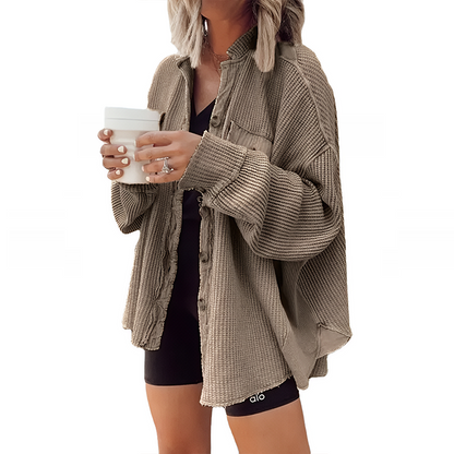Women's Loose Fit Batwing Sleeve Waffle Knit Button Down Shirt Shacket Tops