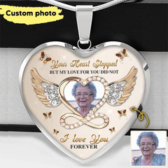 Sparkling Memorial Upload Photo Heart Wings Infinity, I Love You Forever Personalized Necklace