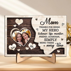 Custom Photo Thanks For Being My Guardian - Family Personalized Custom 2-Layered Wooden Plaque With Stand - House Warming Gift For Mom