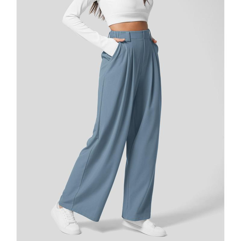 High Waisted Plicated Side Pocket Wide Leg Waffle Work Pants
