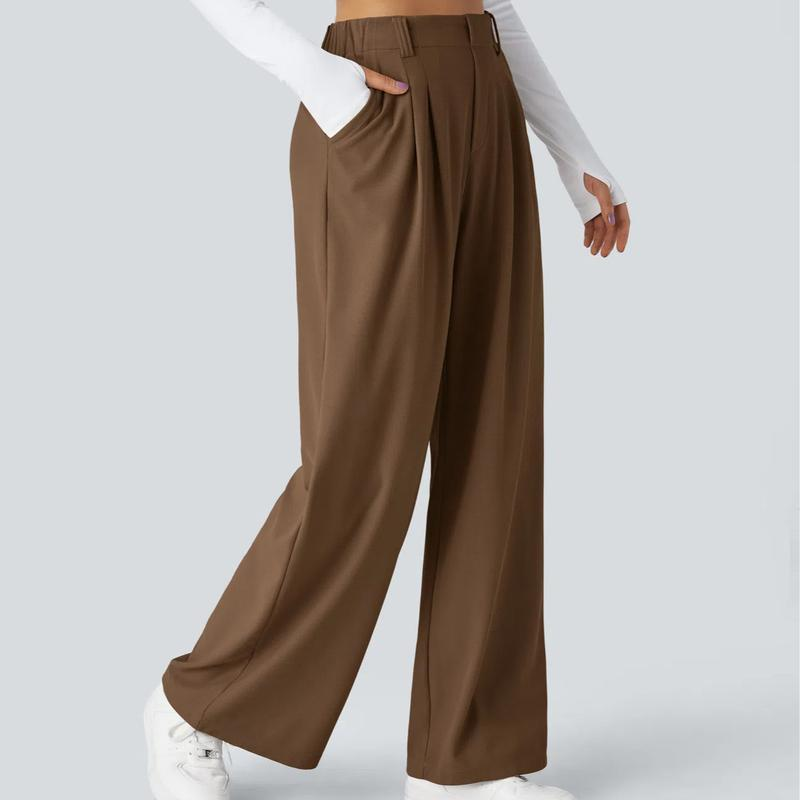 High Waisted Plicated Side Pocket Wide Leg Waffle Work Pants