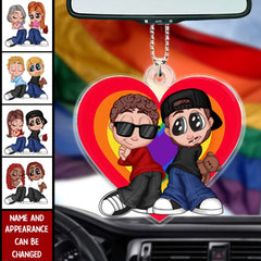 LGBT Y2K Couple Heart Personalized Car Ornament, Pride Month Gift For Couple, For Him, For Her