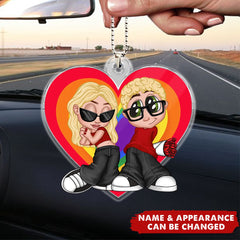 LGBT Y2K Couple Heart Personalized Car Ornament, Pride Month Gift For Couple, For Him, For Her