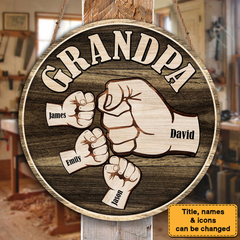 Personalized Grandpa And Grandkids Hands Fist Bump Round Wood Sign