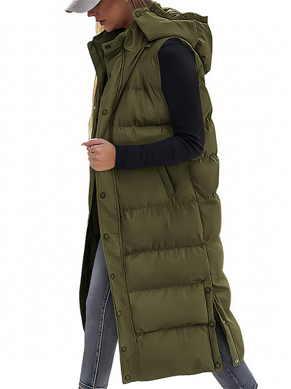 Women's Long Puffer Vest | Quilted Hood & Button Closure