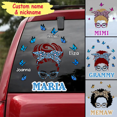 Personalized Leopard Messy Bun Grandma with Butterfly Grandkids Decal