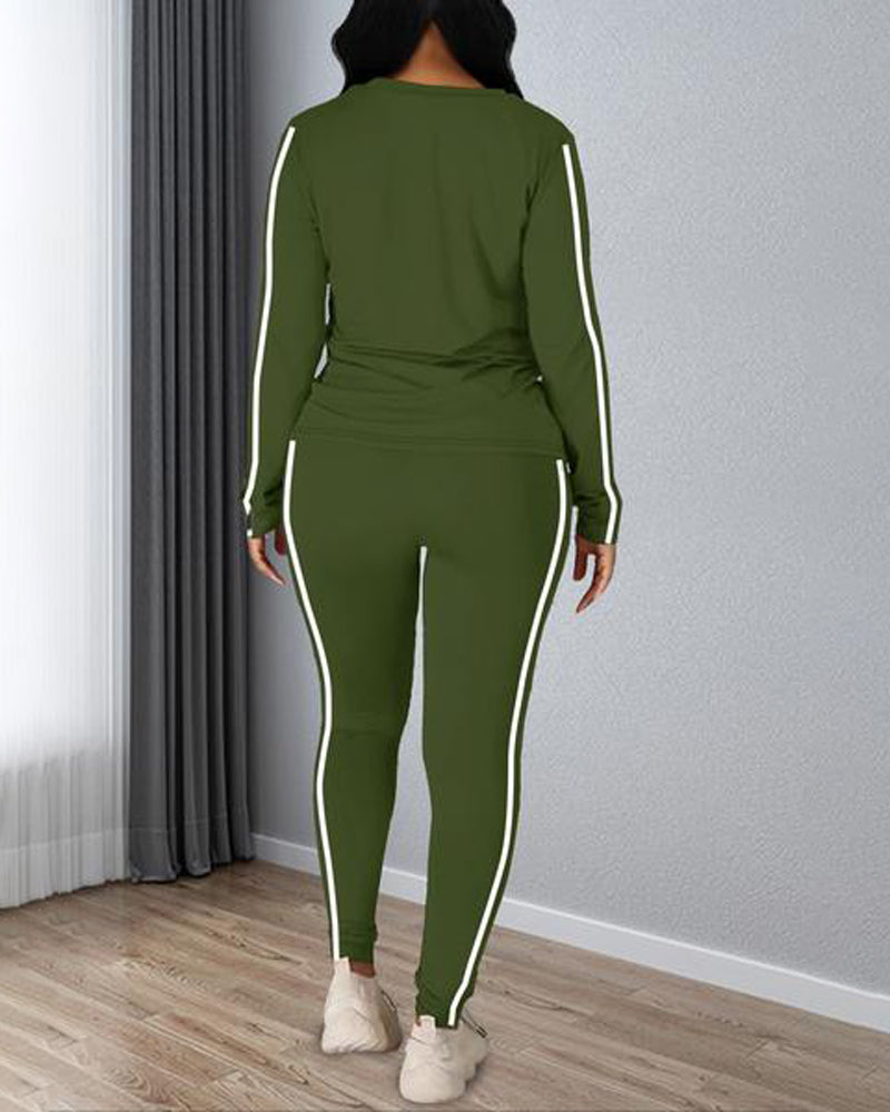 Women's Striped Print Long Sleeve Top & Pants Two-piece Set