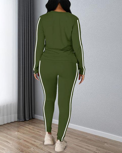 Women's Striped Print Long Sleeve Top & Pants Two-piece Set