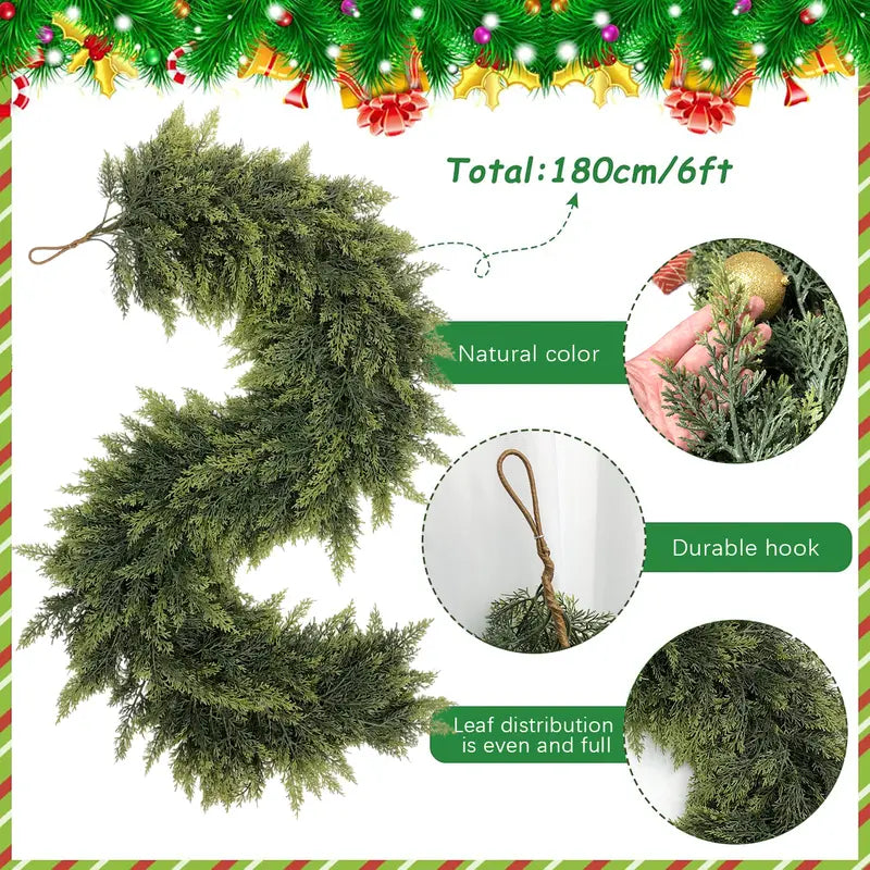 🎄Artificial Cedar Garlands, Real Touch Winter Cedar Garland, Green Artificial Greenery Pine Garland for Table, Mantle, Wall, Indoor, Outdoor Christmas Decorations