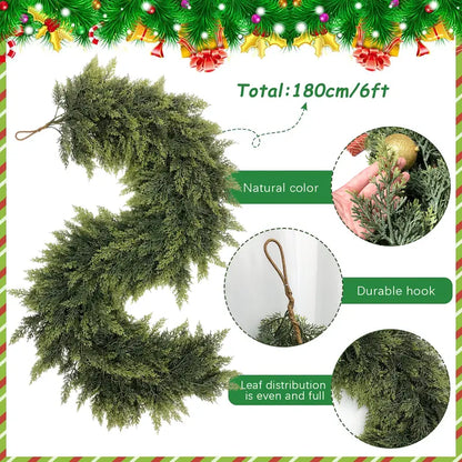 🎄Artificial Cedar Garlands, Real Touch Winter Cedar Garland, Green Artificial Greenery Pine Garland for Table, Mantle, Wall, Indoor, Outdoor Christmas Decorations