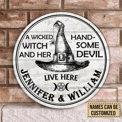 Personalized Witch Handsome Devil Customized Wood Circle Sign