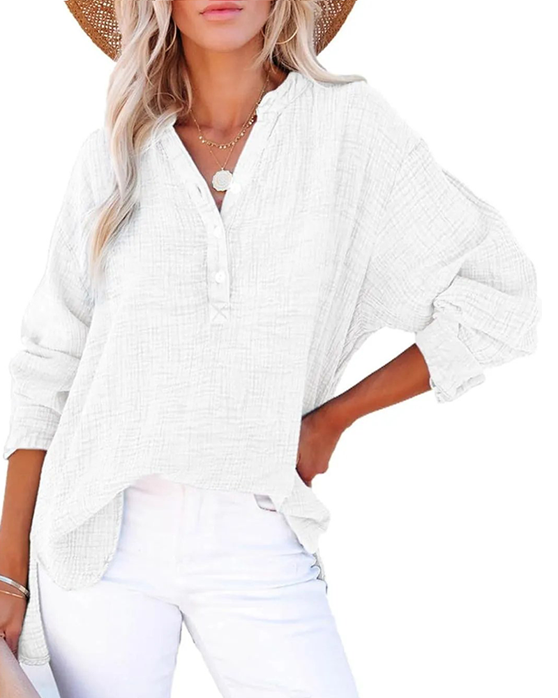 Womens Casual Button V Neck Long Sleeve Shirts Solid Blouses Tops