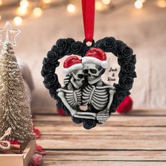 Forme de coeur de Rose noire-ornement plat personnalisé de couple de squelette, décor d'arbre de noël