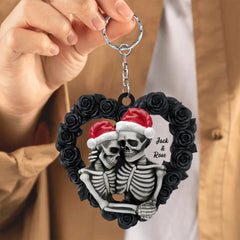 Forme de coeur de rose noire - Porte-clés plat personnalisé de couple de squelette, cadeau d'Halloween ou de Noël