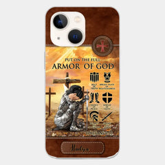 Coque de téléphone personnalisée femme guerrière chevalier portant l'armure complète de Dieu texture cuir