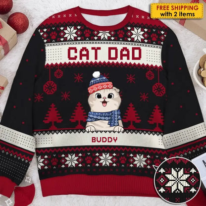 Merry Christmas, Cat Mom Cat Dad - Personalized Custom Unisex Ugly Christmas Sweatshirt, Wool Sweatshirt