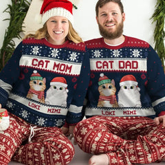 Joyeux Noël, Cat Mom Cat Dad - Sweat-shirt de Noël laid unisexe personnalisé, sweat-shirt en laine