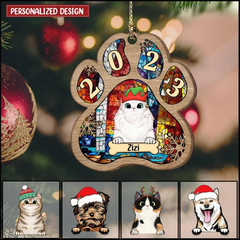 Chat et chien mignons le jour de Noël, ornement en acrylique personnalisé avec visage de chat