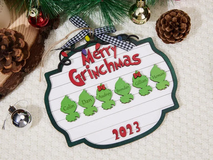 Personalized Family Christmas Ornament, Grinch Family Ornament, Family of 2-12 Ornament with Pet Dog, Holiday Keepsake, Family 2023