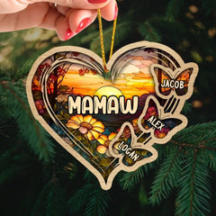 Ornement acrylique personnalisé de Noël maman grand-mère papillon coeur vitrail modèle