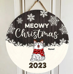 Décorations de porte de Noël, cadeaux pour les amoureux des chats, panneaux de porte de bienvenue en flocon de neige blanc en bois gris de Noël Meowy, cadeaux de maman chat