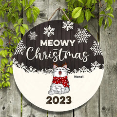 Décorations de porte de Noël, cadeaux pour les amoureux des chats, panneaux de porte de bienvenue en flocon de neige blanc en bois gris de Noël Meowy, cadeaux de maman chat