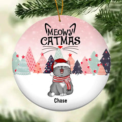Ornement en céramique personnalisé Meowy Catmas Pinktone Circle - Ornement de Noël décoratif personnalisé pour les amoureux des chats