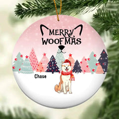 Ornement en céramique personnalisé Merry Woofmas Pinktone Circle - Ornement de Noël décoratif personnalisé pour les amoureux des chiens