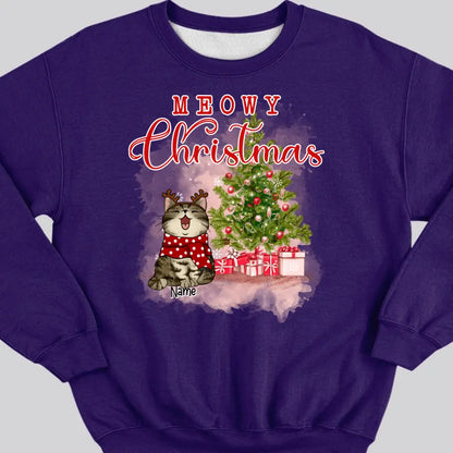 Meowy Christmas, Christmas Tree & Gifts, Personalized Cat Breeds Sweatshirt, Sweatshirt For Cat Lovers