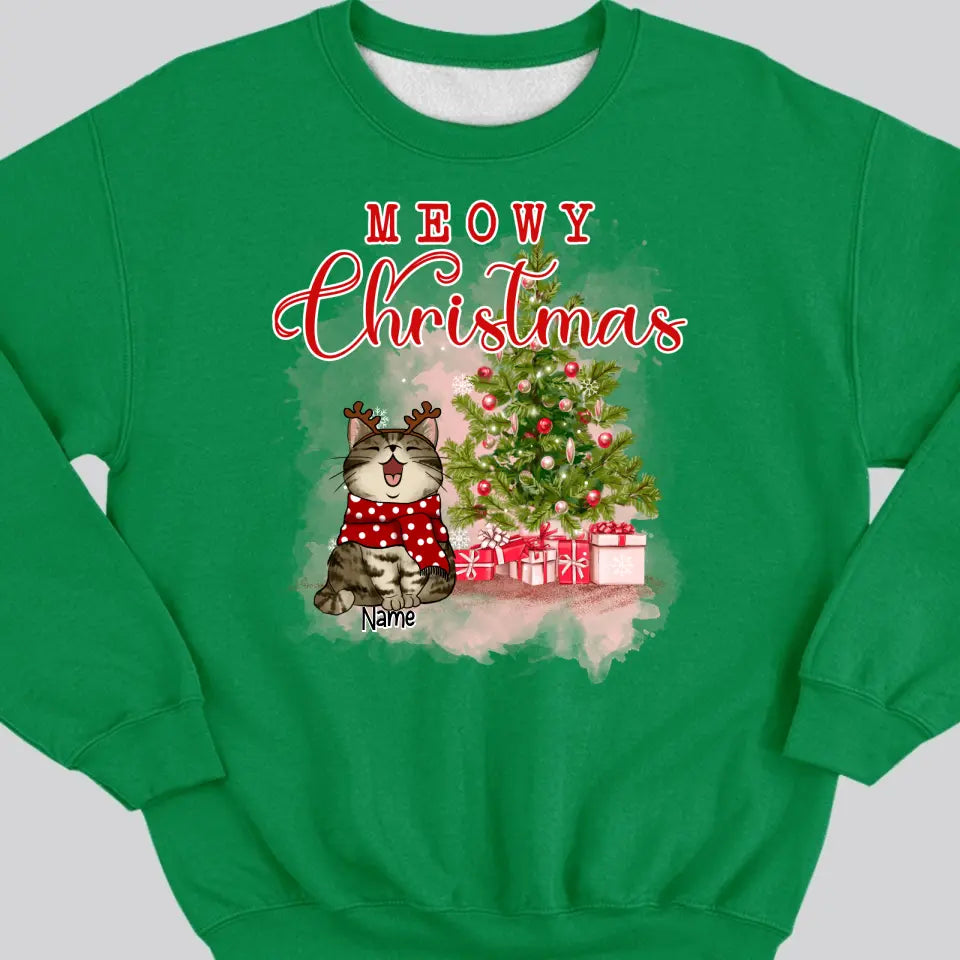 Meowy Christmas, Christmas Tree & Gifts, Personalized Cat Breeds Sweatshirt, Sweatshirt For Cat Lovers