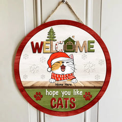 Décorations de porte de Noël, cadeaux pour les amoureux des chats, bienvenue, j'espère que vous aimez les chats, panneaux de porte de bienvenue verts et blancs, cadeaux de maman chat
