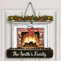 Merry Christmas Fireplace - Personalized Custom Door Sign - Christmas Gift For Mom, Dad, Grandma, Grandpa, Family Members