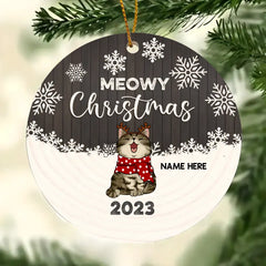 Ornement en céramique personnalisé de cercle en bois rouge de Noël de Meowy - ornement décoratif personnalisé de Noël d’amoureux de chat