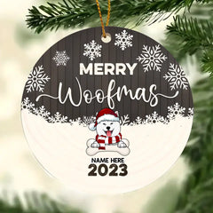 Ornement en céramique personnalisé Merry Woofmas Brown Wooden Circle - Ornement de Noël décoratif personnalisé pour les amoureux des chiens