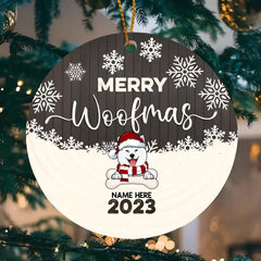 Ornement en céramique personnalisé Merry Woofmas Brown Wooden Circle - Ornement de Noël décoratif personnalisé pour les amoureux des chiens