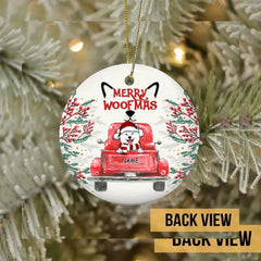 Joyeux Woofmas, ornement en céramique Red Truck Circle, ornement personnalisé de races de chiens, cadeaux pour les amoureux des chiens